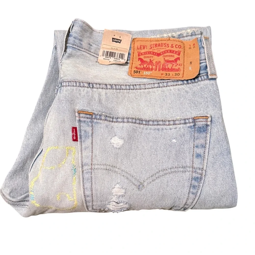 Levi 501 150th Anniversary Men‎ Jeans Light Wash Distressed Button Fly 33X30